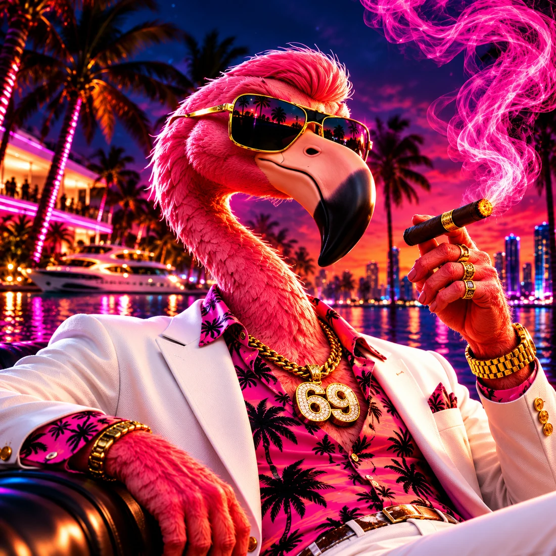 Don Flamingo portrait by the Miami waterfront